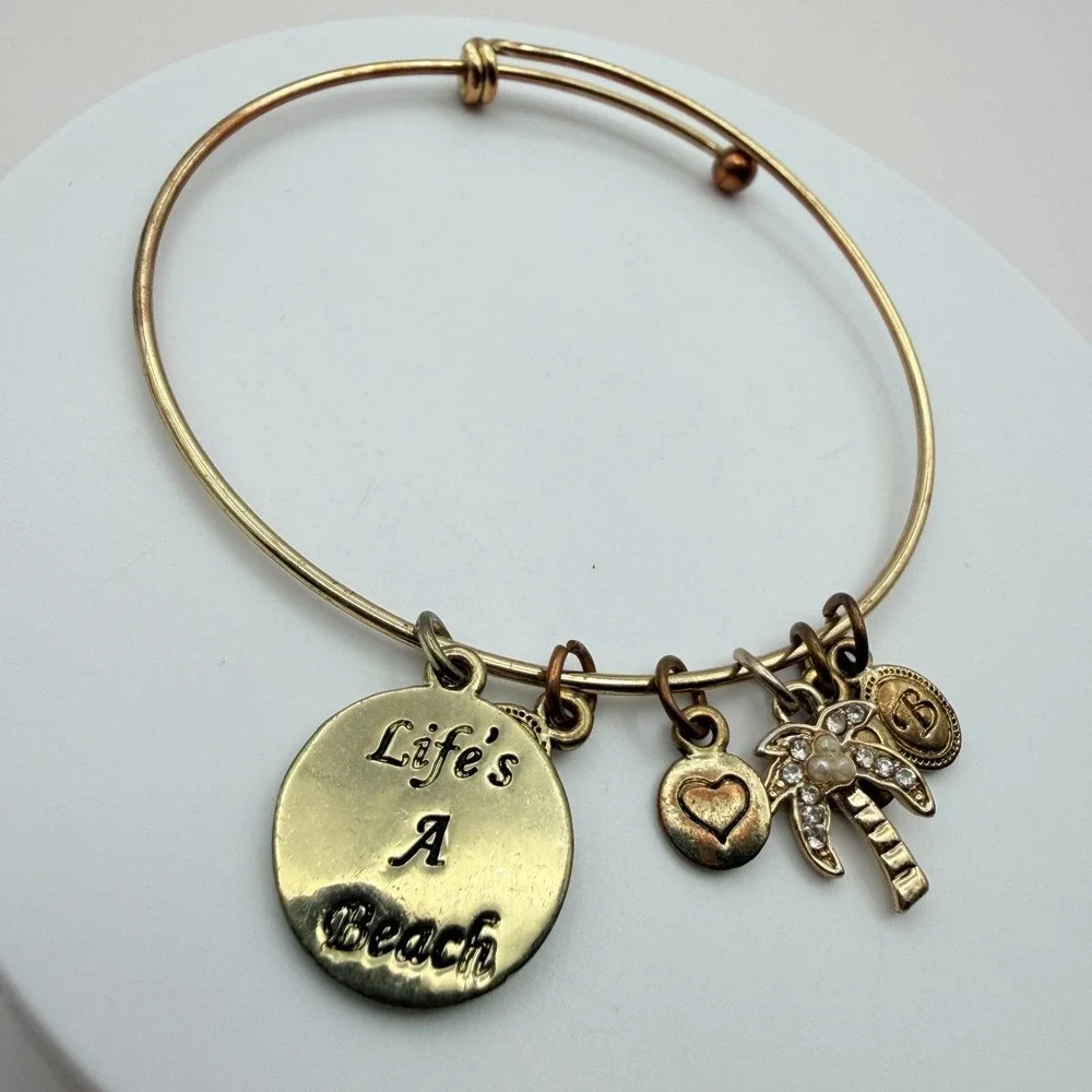 Vintage 90s Gold Tone Bangle Bracelet Palm Tree Heart Life's A Beach Charm Glass